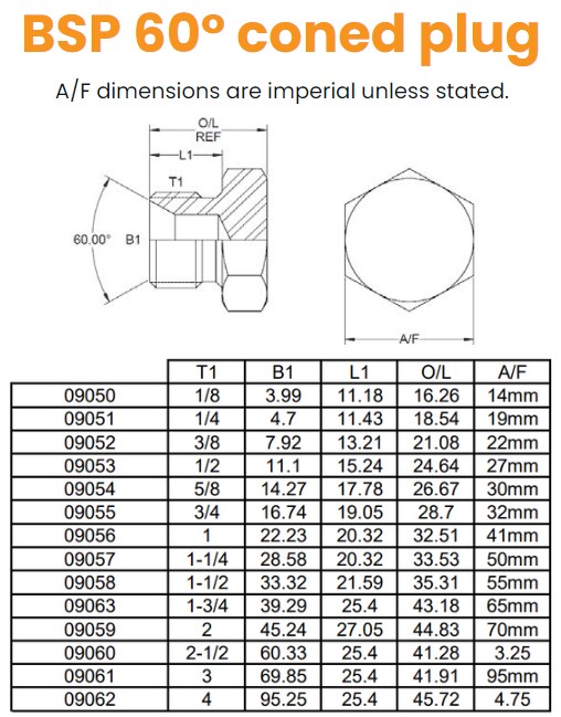 1/8 BSP Coned Plug Hydraulic Adaptor